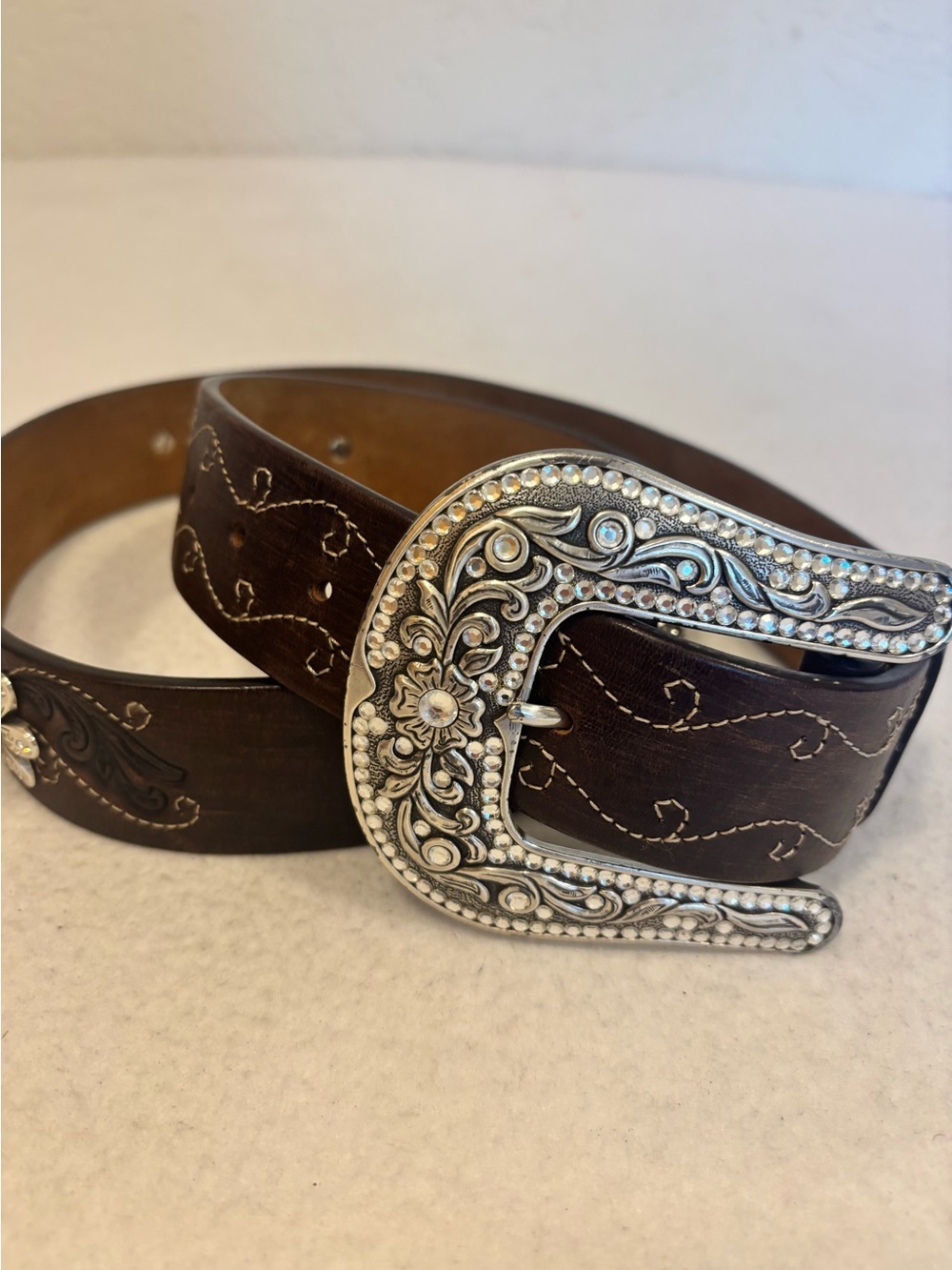 Justin 125 Year Western Leather Belt Rhinestone‎ Buckle Floral Size 40